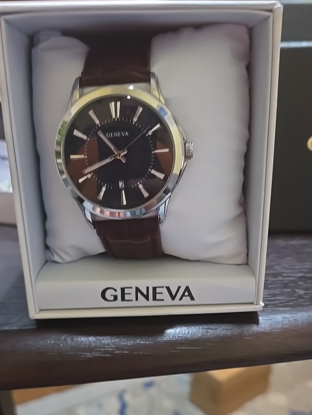Geneva Silver Case Watch with Brown Leather Strap and Black Dial